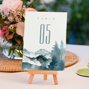 Grey Blush Green Blue Mountains Pine Wedding Table Number