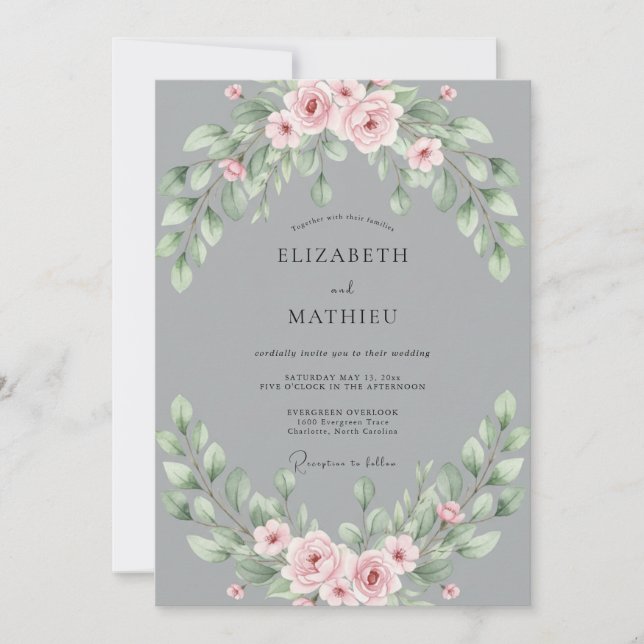Grey Blush Leafy Wedding Invitation (Front)