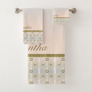 Grey, Blush Pink And Gold Geometric pattern Bath Towel Set