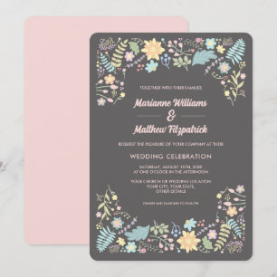 Grey Blush Pink Aqua Modern Floral Wedding  Invitation