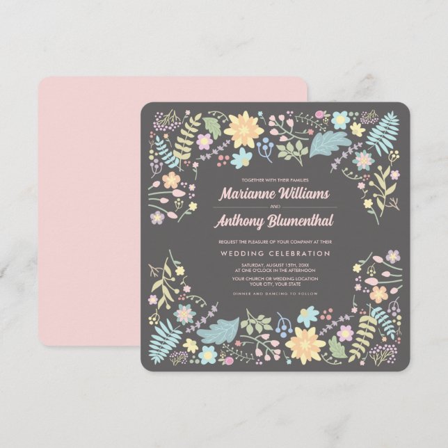 Grey Blush Pink Aqua Modern Floral Wedding  Invitation (Front/Back)