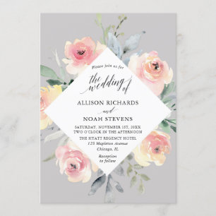 Grey blush pink floral modern geometric wedding invitation