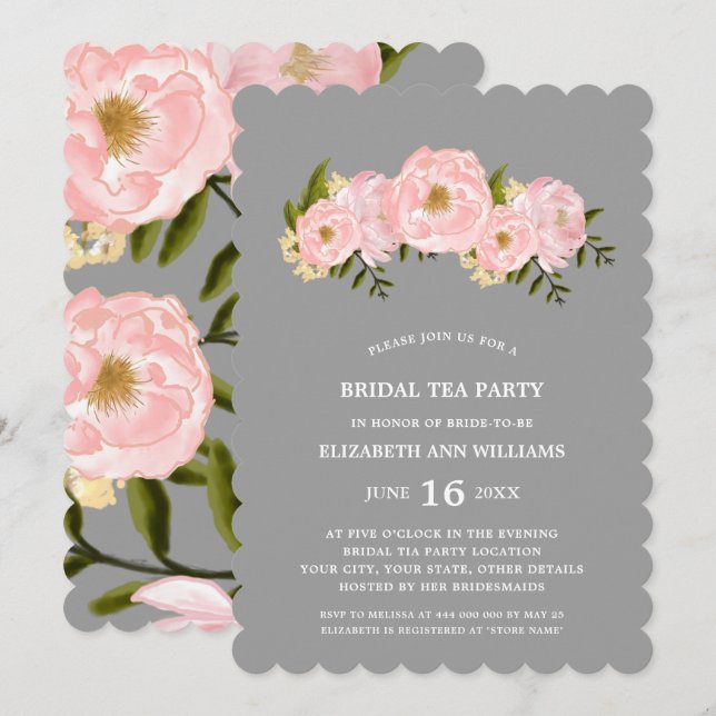 Grey | Blush Pink Peonies Bridal Tea Party  Invitation (Front/Back)