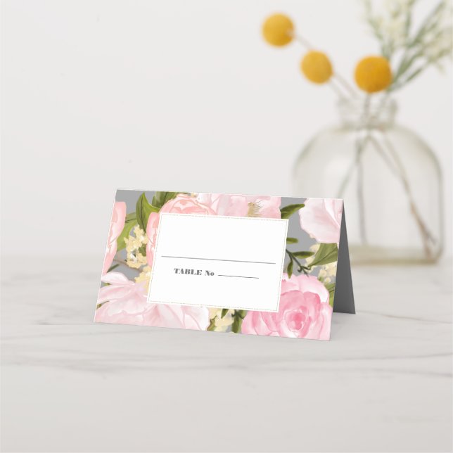 Grey | Blush Pink Peonies Watercolor Wedding Place Card (Front)