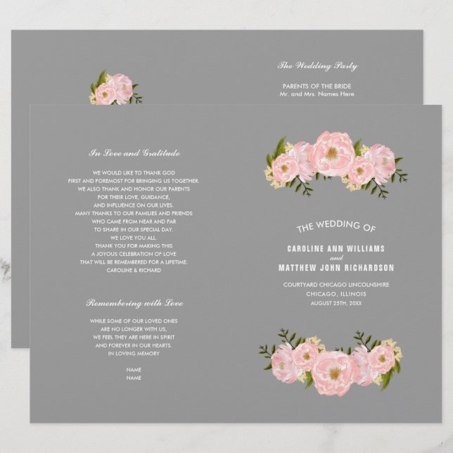 Grey | Blush Pink Peonies Wedding Program (Front/Back)