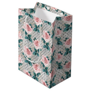 Grey Blush Pink Roses Floral Dots Medium Gift Bag