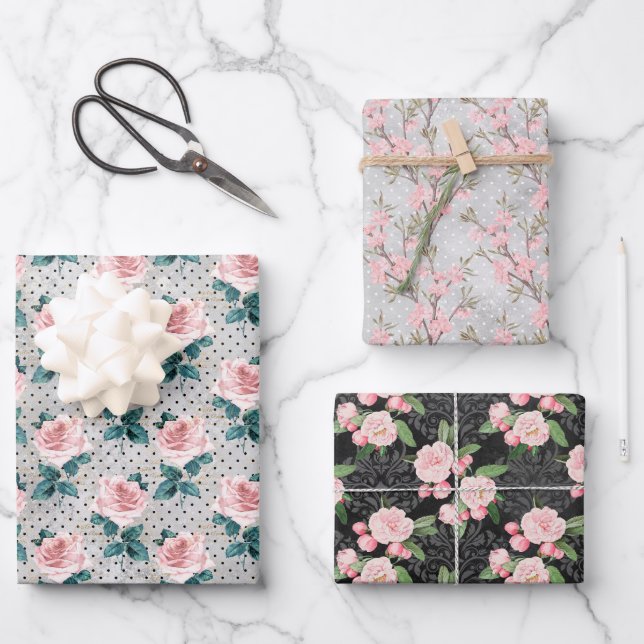 Grey Blush Pink Roses Floral Dots Wrapping Paper Sheet (Front)