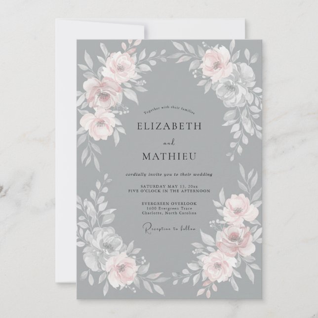Grey Blush Wreath Wedding Invitation (Front)