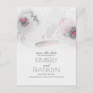 Grey Boho Floral Feather Watercolor Save the Date Announcement Postcard