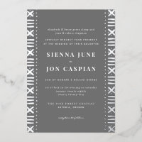 Grey Boho Mudcloth Border Silver Foil Invitation