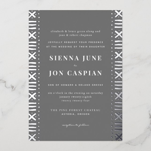 Grey Boho Mudcloth Border Silver Foil Invitation (Front)