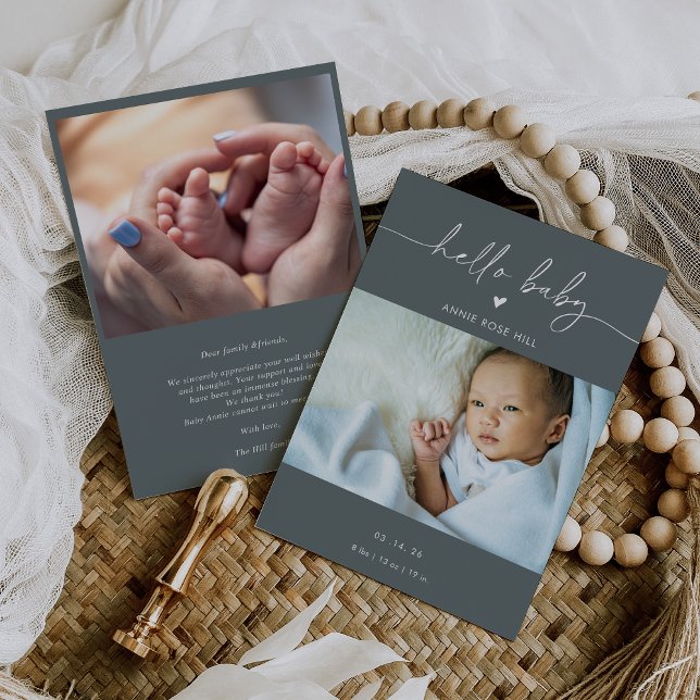 Grey Boho Photo Hello Baby Announcement Card (Creator Uploaded)
