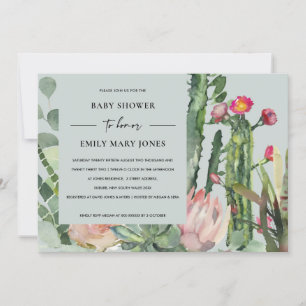 GREY BOHO PINK FLORAL CACTUS FOLIAGE BABY SHOWER INVITATION