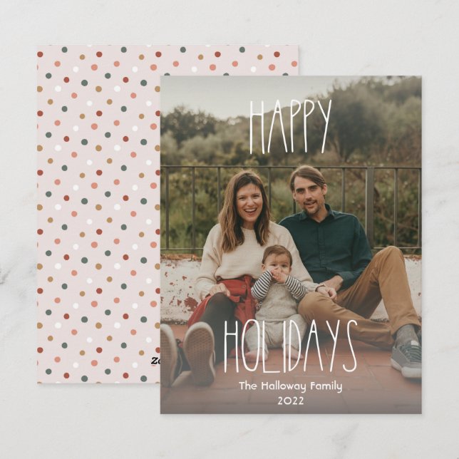 Grey Boho Polka Dot Gradient Full Photo Holiday Card (Front/Back)