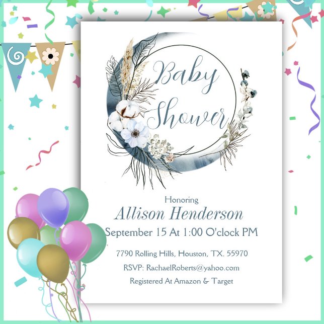 Grey Boho Wreath  Baby Shower Invitation (Creator Uploaded)