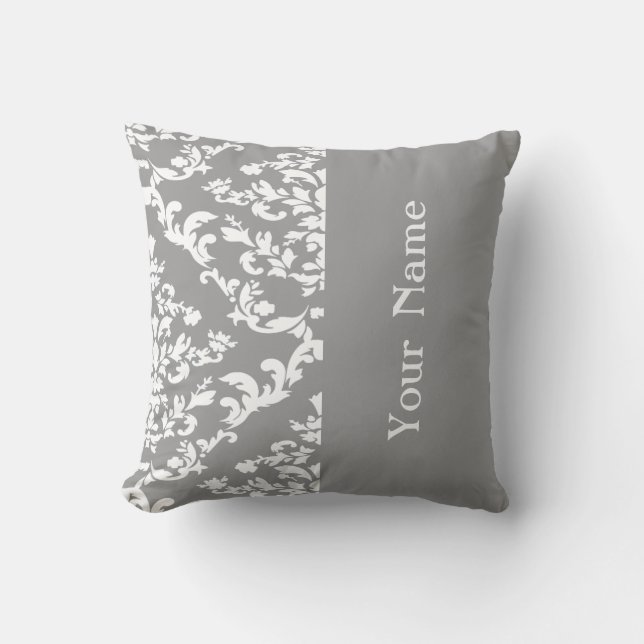 Grey Bold Damask w/ name @ Emporiomoffa Cushion (Front)