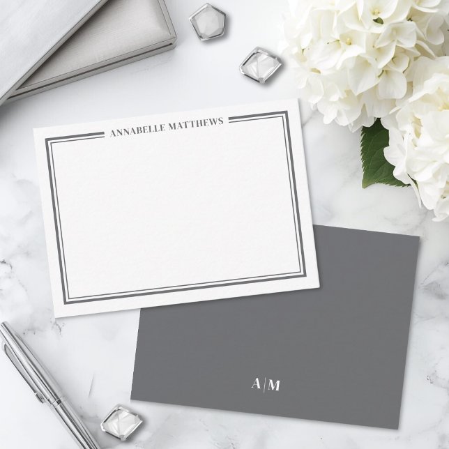Grey Border Minimalist Name Monogram Card (Gray Border Minimalist Name Monogram Note Card )