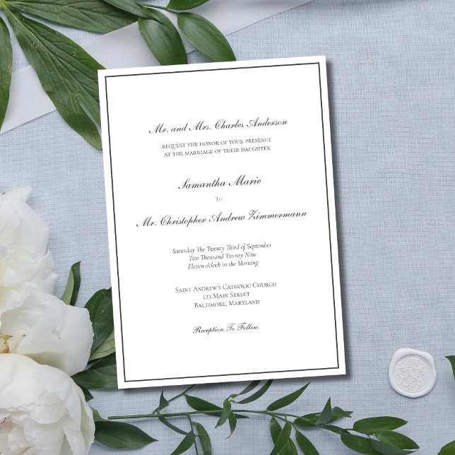 Grey Border Minimalist Traditional Formal Elegant  Invitation (Formal Traditional Classic Elegant Gray Silver Wedding Invitation with formal wording)