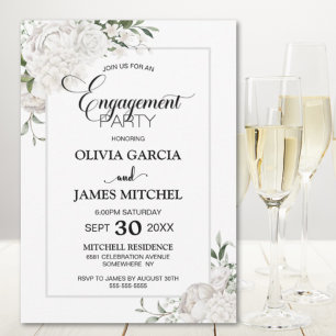 Grey Border White Floral Engagement Party Invitation