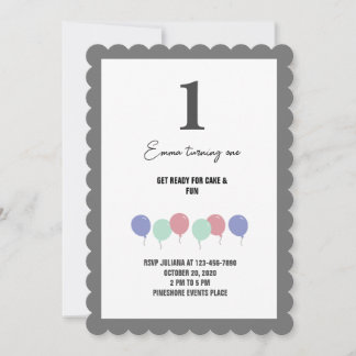 Grey borders balloons 1st birthday Invitation