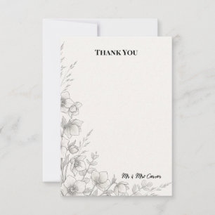 Grey Botanical Line Art Wedding Thank You Card