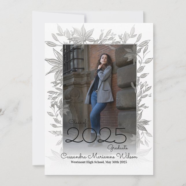 Grey Botanical Photo Graduation Announcement (Front)