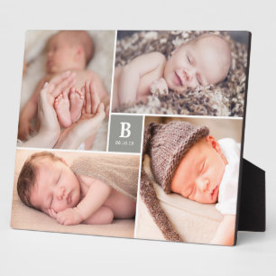 Grey Box Simple Monogram New Baby Photo Collage Plaque