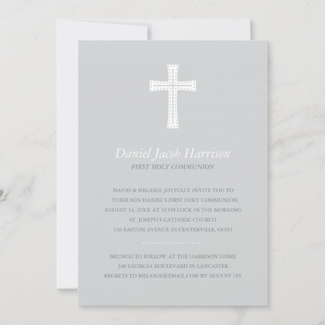 Grey Boys First Communion Invitation (Front)