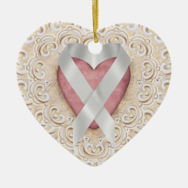 Grey Brain Cancer Ribbon From the Heart - SR Ceramic Ornament (Front)