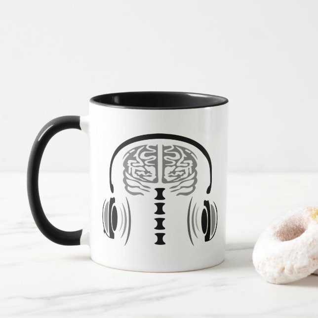 Grey Brain Listing to Music Mug (With Donut)