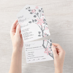 Grey branch with pink flowers initials wedding all in one invitation