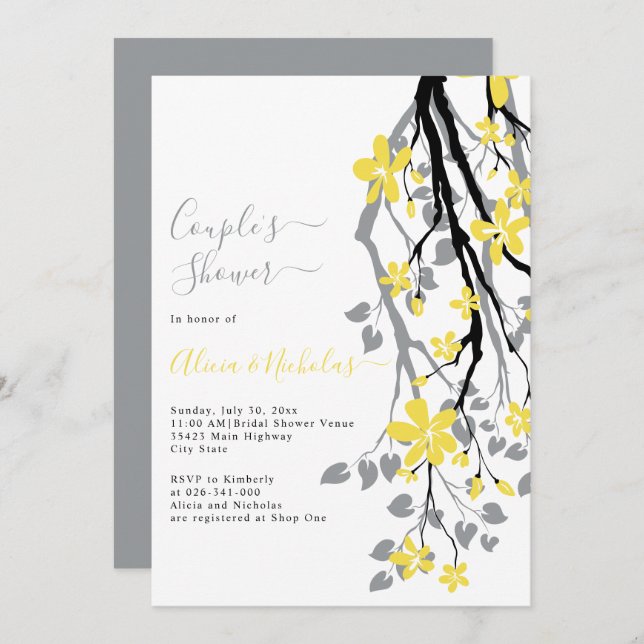 Grey branch with yellow flowers couples shower invitation (Front/Back)