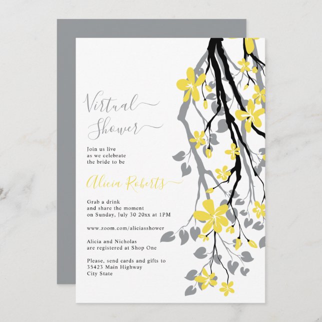 Grey branch, yellow flowers virtual bridal shower invitation (Front/Back)