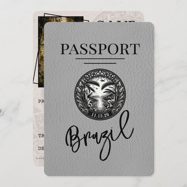 Grey Brazil Passport Save The Date (Front/Back)