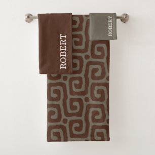  Grey &Brown Abstract Pattern personalised name Bath Towel Set