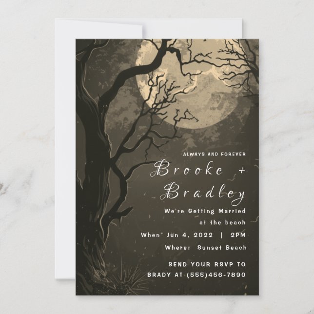 Grey‑Brown Forest & Pale Moon Gothic Wedding Invitation (Front)