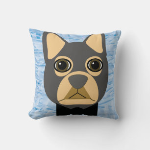 Grey/Brown French Bulldog, watercolor blue Cushion