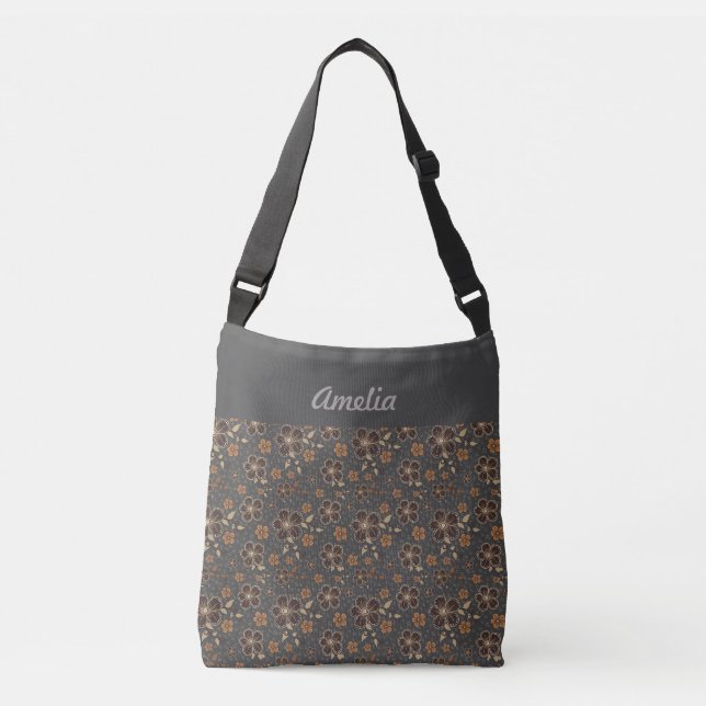 Grey brown natural flower name crossbody bag (Front)