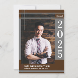 Grey Brown School Colour Graduation Photo Plaid Invitation
