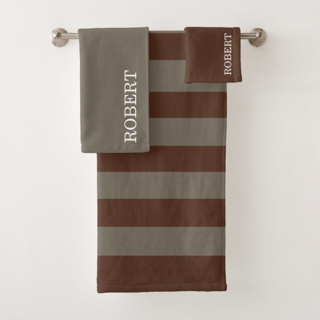  Grey &Brown Strips Pattern Custom Name Bath Towel Set (Insitu)