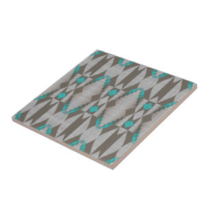 Grey Brown Turquoise Blue Green Ethnic Tribe Art Ceramic Tile