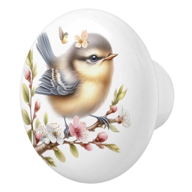 Grey Brown Yellow Bird  Blossoms Ceramic Knob (Right)