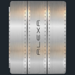 Grey brushed aluminium stripes geometric design iPad cover<br><div class="desc">Elegant modern masculine metallic design. Image of silver-grey brushed aluminium texture with masculine accents and customisable monogram.</div>