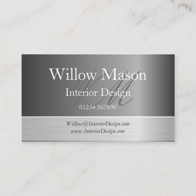 Grey & Brushed Steel Monogram Business Card (Front)