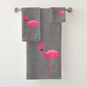 GREY BRUSHED TEXTURE FLAMINGO BATHROOM TOWEL SET