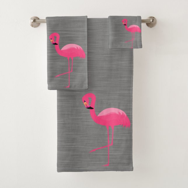 GREY BRUSHED TEXTURE FLAMINGO BATHROOM TOWEL SET (Insitu)