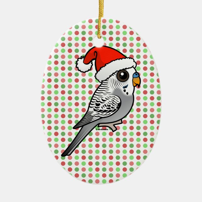 Grey Budgie Santa Claus Ceramic Tree Decoration (Front)