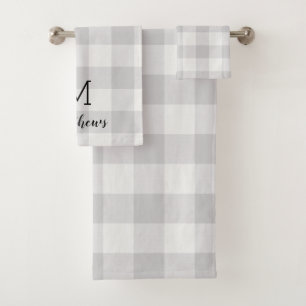 Grey Buffalo Check Monogram Modern Farmhouse Bath Towel Set