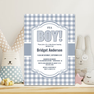 Grey Buffalo Plaid Baby Shower Invitation