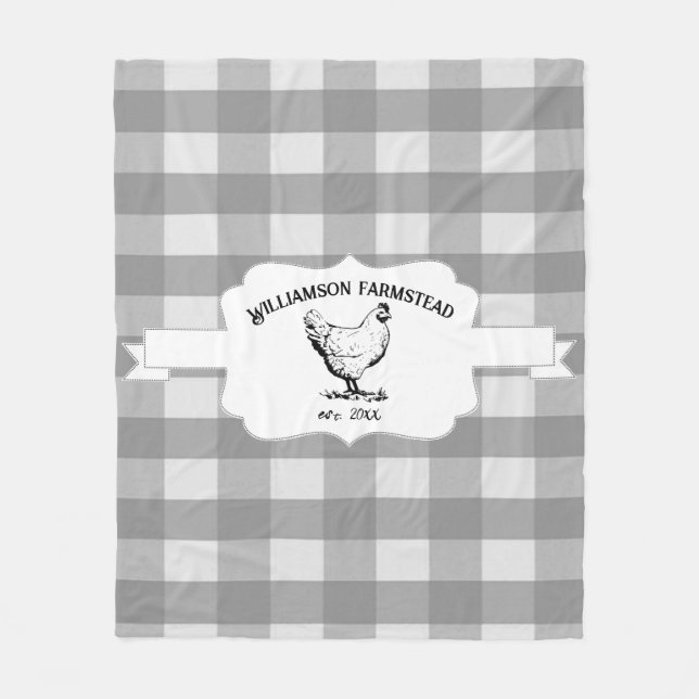 Grey Buffalo Plaid Farm Chicken Fleece Blanket (Front)